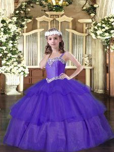 Floor Length Lace Up Pageant Dress Toddler Purple for Party and Quinceanera with Beading and Ruffled Layers
