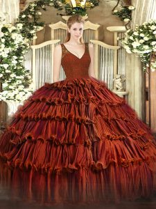 Beauteous Organza V-neck Sleeveless Zipper Beading and Ruffled Layers Sweet 16 Dresses in Rust Red