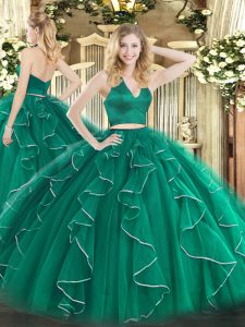 Floor Length Zipper Quince Ball Gowns Dark Green for Military Ball and Sweet 16 and Quinceanera with Ruffles