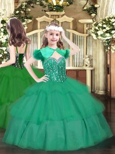 Dazzling Turquoise Sleeveless Floor Length Beading and Ruffled Layers Lace Up Little Girl Pageant Dress