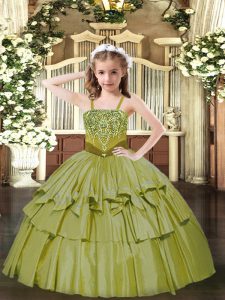 Olive Green Sleeveless Beading and Ruffled Layers Floor Length Kids Pageant Dress