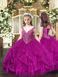 Dazzling Floor Length Fuchsia Little Girls Pageant Dress V-neck Sleeveless Lace Up