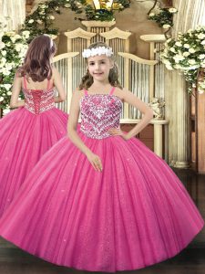 Perfect Beading Pageant Dresses Hot Pink Lace Up Sleeveless Floor Length