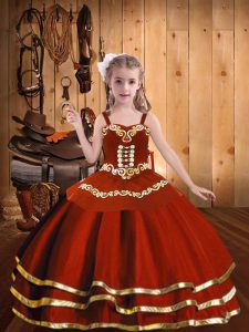 Beauteous Rust Red Sleeveless Embroidery and Ruffles Floor Length Pageant Dresses