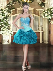 Mini Length Lace Up Prom Gown Teal for Prom and Party with Beading