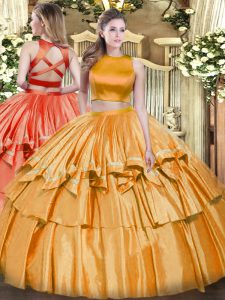 Sweet Sleeveless Floor Length Ruffled Layers Criss Cross 15th Birthday Dress with Orange