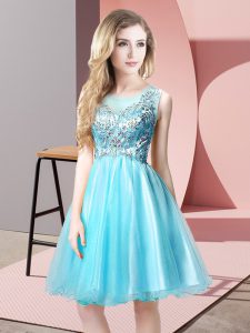 Luxurious Tulle Scoop Sleeveless Zipper Beading Dress for Prom in Aqua Blue