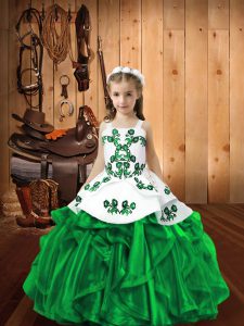 New Arrival Sleeveless Floor Length Embroidery and Ruffles Lace Up Girls Pageant Dresses with Dark Green