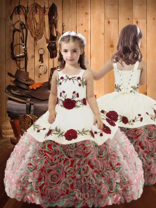 Multi-color Fabric With Rolling Flowers Lace Up Straps Sleeveless Floor Length Kids Formal Wear Embroidery and Ruffles