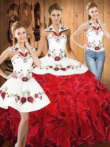 Vintage Embroidery and Ruffles 15th Birthday Dress White And Red Lace Up Sleeveless Floor Length