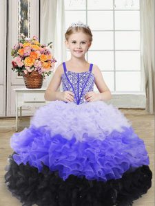 Hot Selling Organza Sleeveless Floor Length Little Girls Pageant Dress and Beading and Ruffles