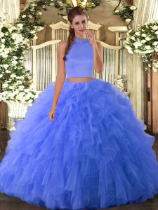 High End Blue 15 Quinceanera Dress Military Ball and Sweet 16 with Beading and Ruffles Halter Top Sleeveless Backless