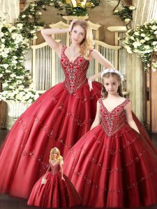 New Style Red Tulle Lace Up Sweet 16 Dress Sleeveless Floor Length Beading