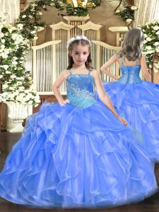 Blue Sleeveless Floor Length Ruffles and Sequins Lace Up Little Girl Pageant Gowns