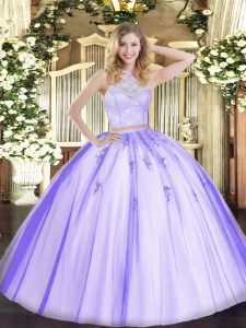 Lavender Sleeveless Floor Length Lace and Appliques Zipper Quinceanera Dresses