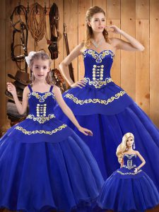 Blue Vestidos de Quinceanera Military Ball and Sweet 16 and Quinceanera with Embroidery Sweetheart Sleeveless Lace Up