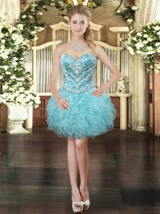 Custom Fit Ball Gowns Evening Dress Aqua Blue Sweetheart Tulle Sleeveless Mini Length Lace Up