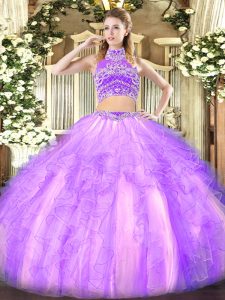 Lavender Tulle Backless Quinceanera Gowns Sleeveless Floor Length Beading and Ruffles