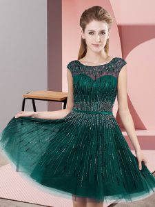 Sweet Dark Green A-line Tulle Scoop Sleeveless Beading Knee Length Backless Evening Dress