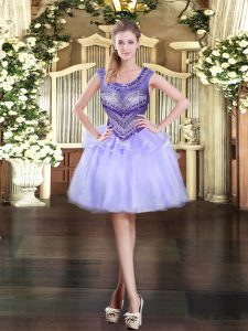 Luxurious Lavender Sleeveless Mini Length Beading Zipper Homecoming Dress