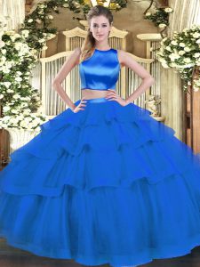 Suitable Blue Tulle Criss Cross High-neck Sleeveless Floor Length Quinceanera Dress Ruffled Layers