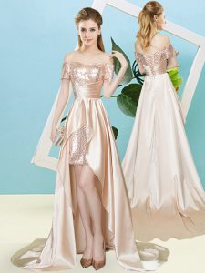 Champagne Short Sleeves Elastic Woven Satin and Sequined Lace Up Prom Dress for Prom and Party