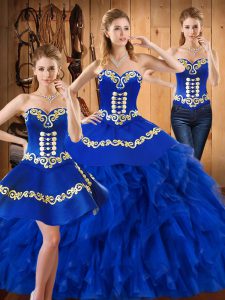 Artistic Sleeveless Floor Length Embroidery and Ruffles Lace Up Quinceanera Gown with Blue