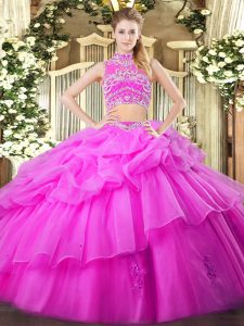Lilac Ball Gowns High-neck Sleeveless Tulle Floor Length Backless Beading and Ruffles and Pick Ups 15th Birthday Dress