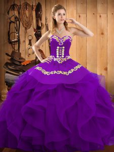 Purple Sweetheart Lace Up Embroidery and Ruffles Quinceanera Gowns Sleeveless