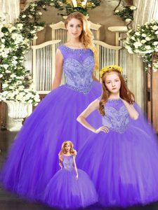 Purple Tulle Lace Up Scoop Sleeveless Floor Length Sweet 16 Quinceanera Dress Beading