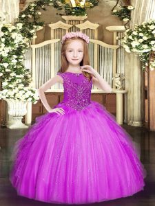 Cheap Sleeveless Tulle Floor Length Zipper Little Girl Pageant Dress in Fuchsia with Beading and Ruffles