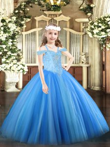 Excellent Sleeveless Floor Length Beading Lace Up Kids Formal Wear with Baby Blue