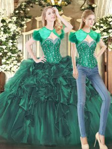 Adorable Sweetheart Sleeveless 15 Quinceanera Dress Floor Length Beading and Ruffles Dark Green Tulle