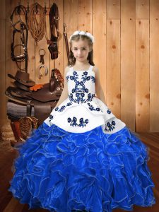 Blue Ball Gowns Organza Straps Sleeveless Embroidery and Ruffles Floor Length Lace Up Little Girls Pageant Dress