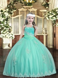 Trendy Straps Sleeveless Tulle Kids Formal Wear Appliques and Sequins Lace Up