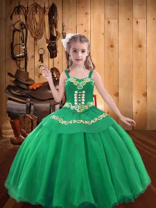 Turquoise Straps Neckline Embroidery and Ruffles Little Girl Pageant Gowns Sleeveless Lace Up