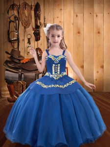 Great Blue Ball Gowns Straps Sleeveless Organza Floor Length Lace Up Beading and Embroidery and Ruffles Little Girls Pag