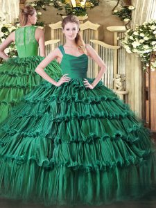 Floor Length Green Ball Gown Prom Dress Organza Sleeveless Ruffled Layers