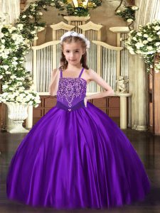 Purple Sleeveless Beading Floor Length Little Girls Pageant Dress