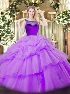 Beautiful Organza Scoop Sleeveless Zipper Beading and Pick Ups 15th Birthday Dress in Lavender