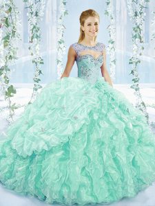 Organza Sweetheart Sleeveless Brush Train Lace Up Beading and Ruffles 15 Quinceanera Dress in Apple Green