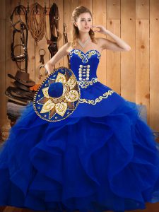 Blue Ball Gowns Organza Sweetheart Sleeveless Embroidery and Ruffles Floor Length Lace Up Quinceanera Gown