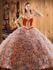 Affordable Sweetheart Sleeveless Sweet 16 Quinceanera Dress With Train Sweep Train Embroidery Multi-color Satin and Fabr