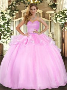 Glittering Pink Organza Lace Up Sweetheart Sleeveless Floor Length Quinceanera Gowns Beading and Ruffles