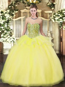 Yellow Sweetheart Neckline Beading and Ruffles Ball Gown Prom Dress Sleeveless Lace Up