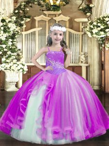 Beautiful Fuchsia Sleeveless Floor Length Beading Lace Up Girls Pageant Dresses