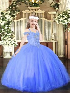 Glorious Blue Ball Gowns Tulle Off The Shoulder Sleeveless Beading Floor Length Lace Up Pageant Dress for Teens
