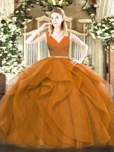 Brown Ball Gowns V-neck Sleeveless Tulle Floor Length Zipper Beading and Ruffles Quinceanera Dress