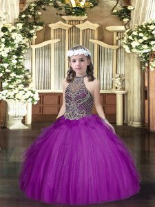 Fashionable Tulle Sleeveless Floor Length Girls Pageant Dresses and Beading and Ruffles