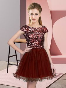 Exquisite Mini Length Wine Red Wedding Party Dress Tulle Cap Sleeves Sequins